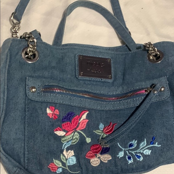 Nicole Miller Blue Denim Shoulder Bag with Embroidered Butterflies - Picture 2 of 5